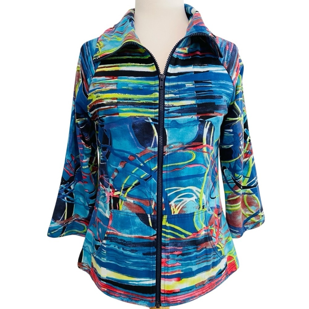 Parsley & Sage Wearable Art jersey Jacket Abstract Print Colorful Zip up Small